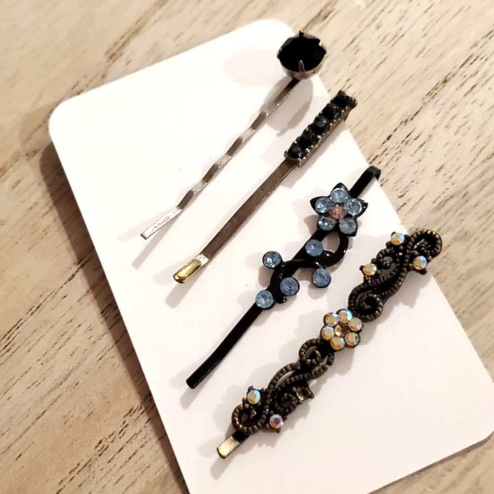 Set of 4 rhinestone embellished bobby hair pins AB blue and black floral motif